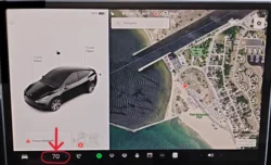 Tesla's touchscreen displaying the climate control menu, accessed by tapping on the temperature display