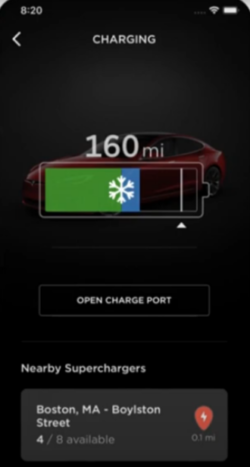 The battery status of the Tesla model from within the Tesla application has an indicator of its battery for being too cold.