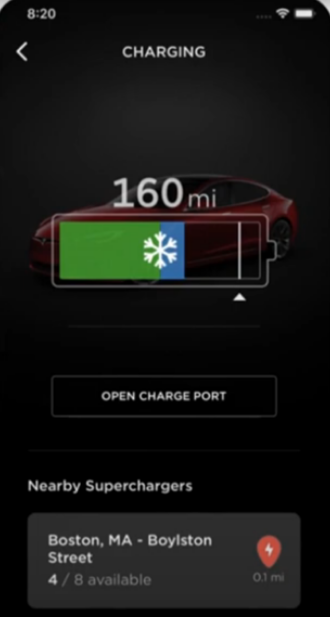 The battery status of the Tesla model from within the Tesla application has an indicator of its battery for being too cold.