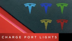 Tesla charge port with different light indicators showing charging status for each individual colors.