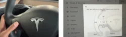 Tesla steering wheel adjustments showing controls for steering wheel position and weight."