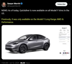 Tesla Model Y in the Quicksilver color, highlighting its addition to the lineup for all trims in the US and Canada