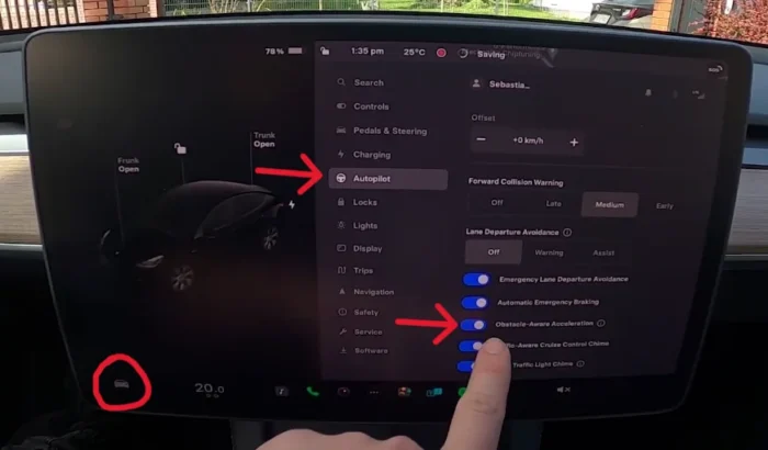 Tesla touchscreen showing the option to enable or disable Obstacle-Aware Acceleration by navigating to Controls > Autopilot > Obstacle-Aware Acceleration.