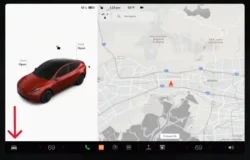 Tesla screen showing how to open the car's controls to access various settings and features.